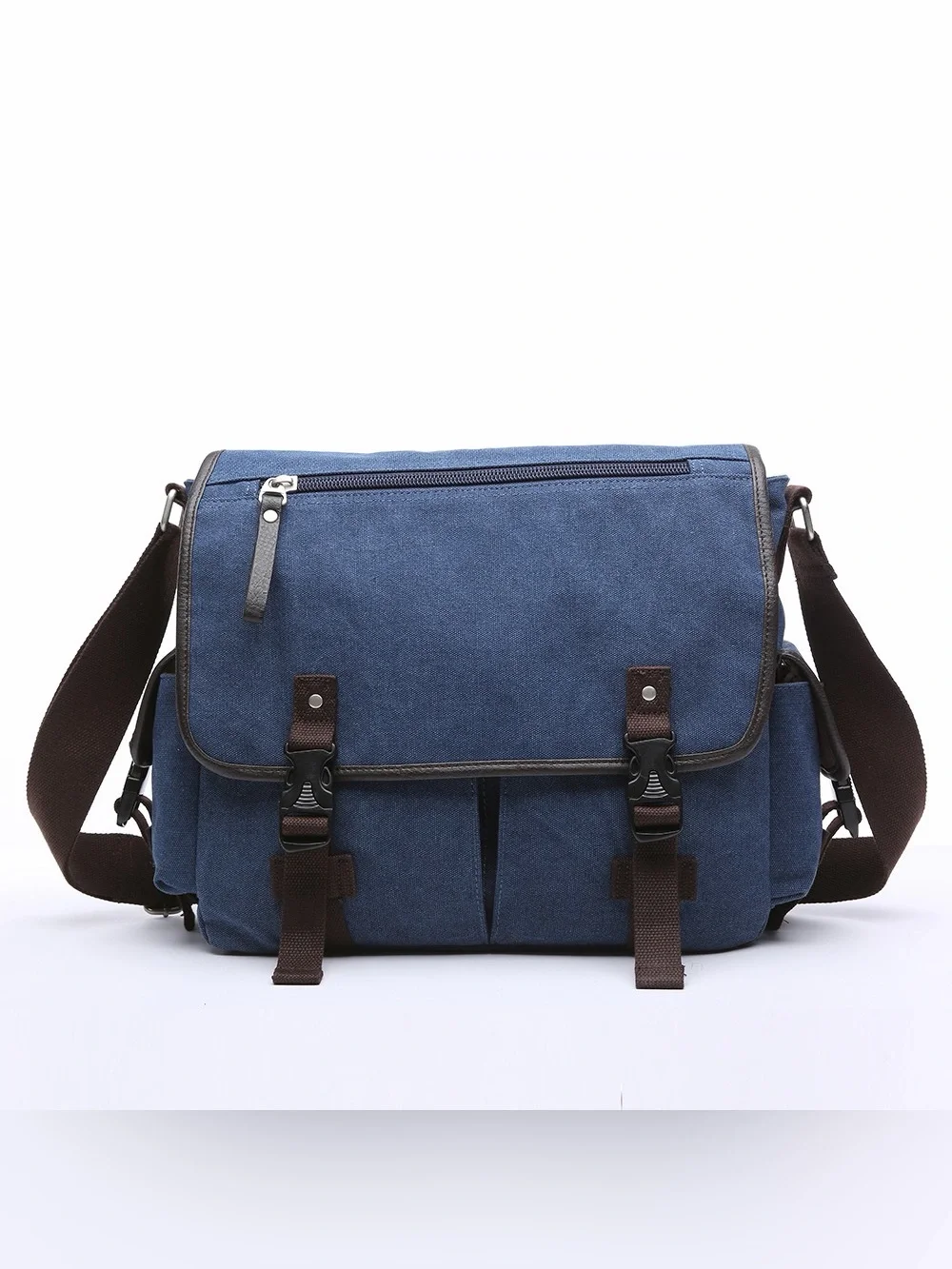 Men's Navy Canvas Messenger Bag with Brown Accents - Everyday Crossbody
